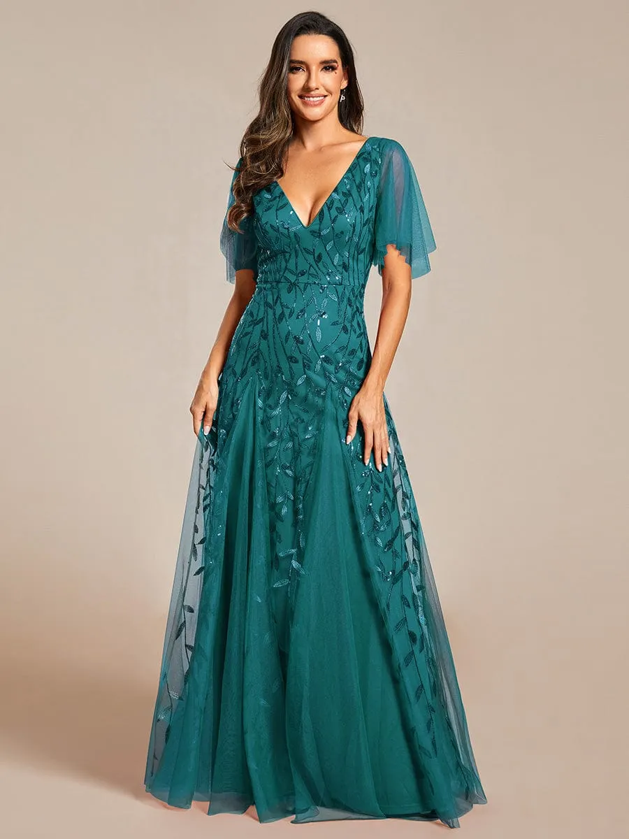 Shimmery V Neck Ruffle Sleeves Sequin Maxi Long Evening Dress