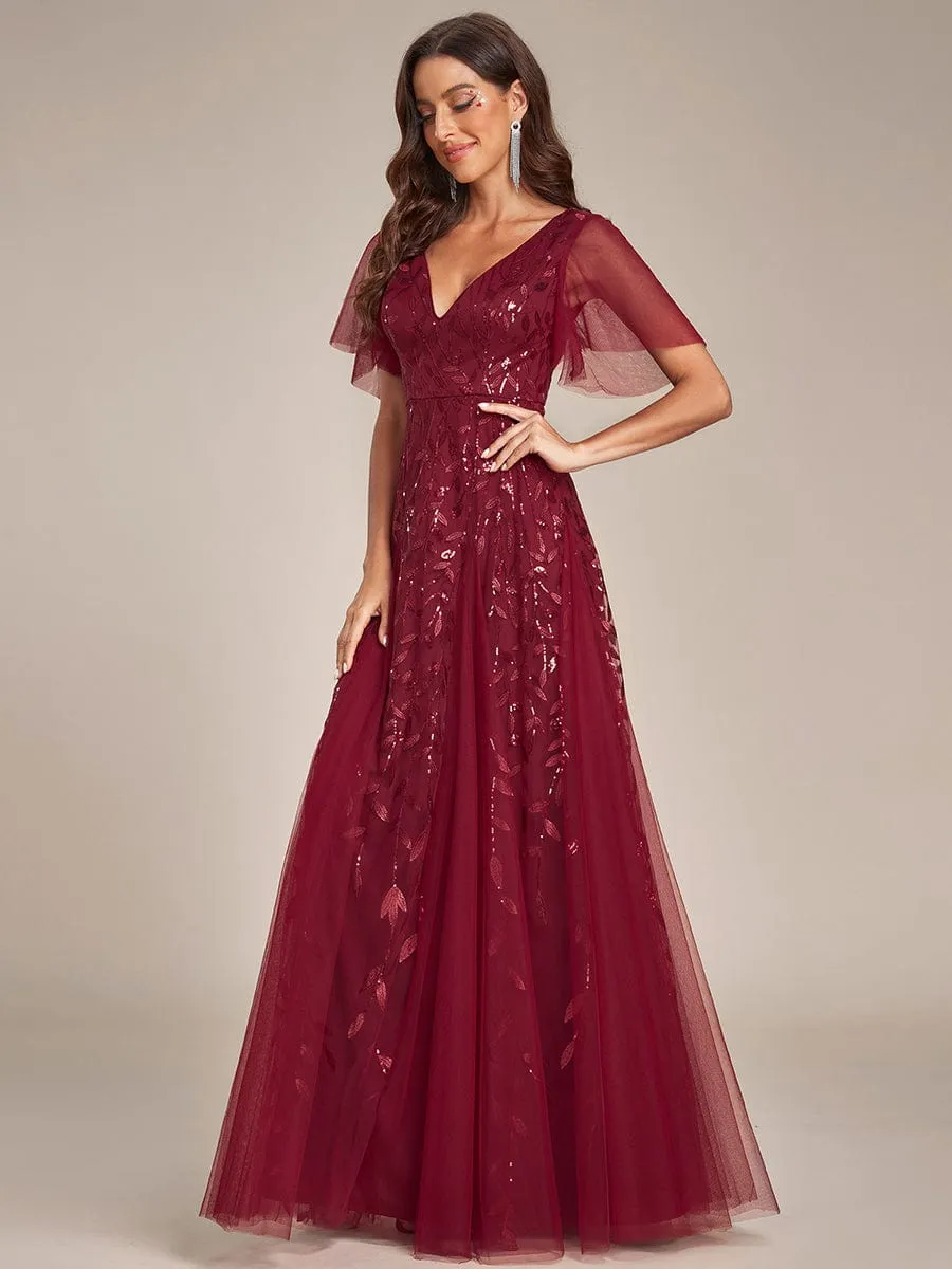 Shimmery V Neck Ruffle Sleeves Sequin Maxi Long Evening Dress