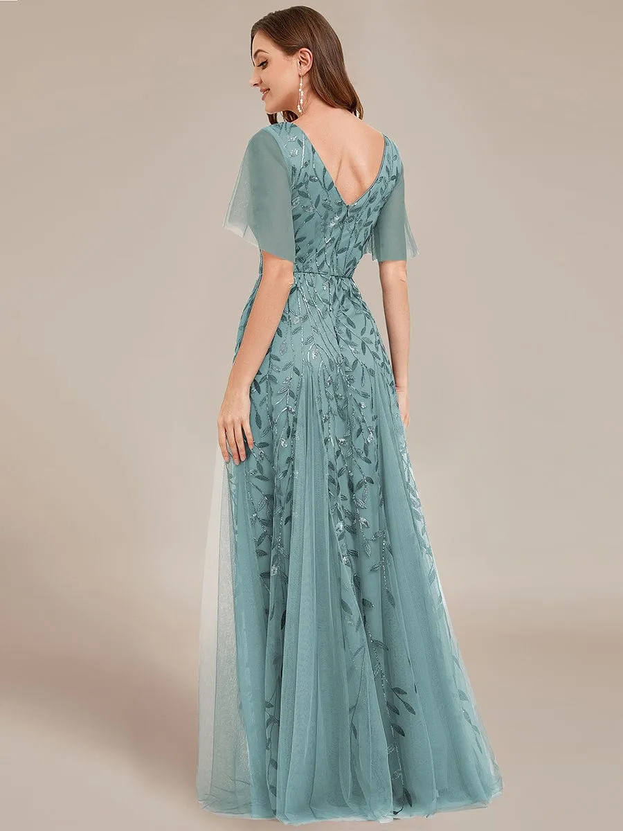 Shimmery V Neck Ruffle Sleeves Sequin Maxi Long Evening Dress