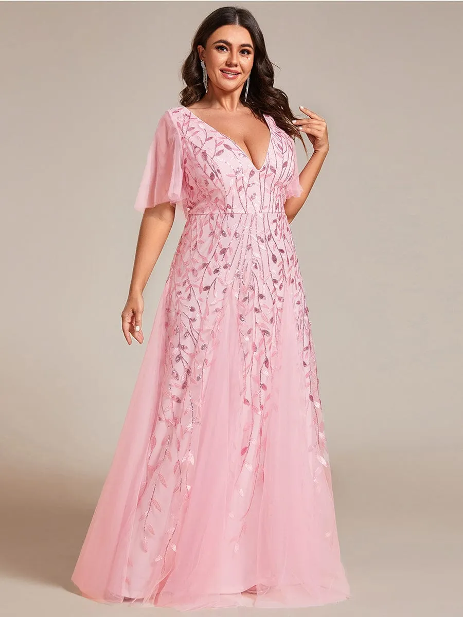 Shimmery V Neck Ruffle Sleeves Sequin Maxi Long Evening Dress