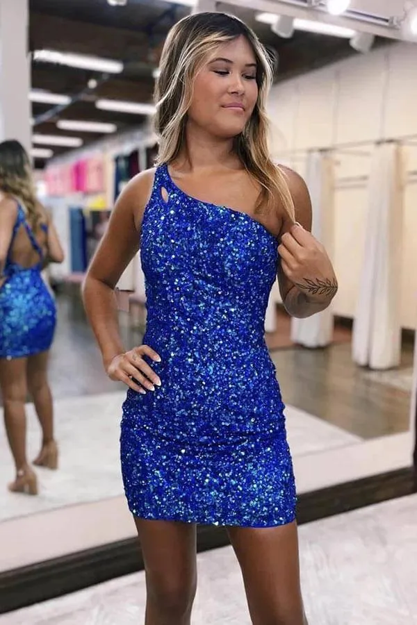 Sparkly Sequins One Shoulder Sleeveless Mini Short Homecoming Dresses, SH637