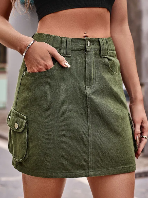 Trendy & Practical: Cargo Denim Mini Skirt - Flap Pockets