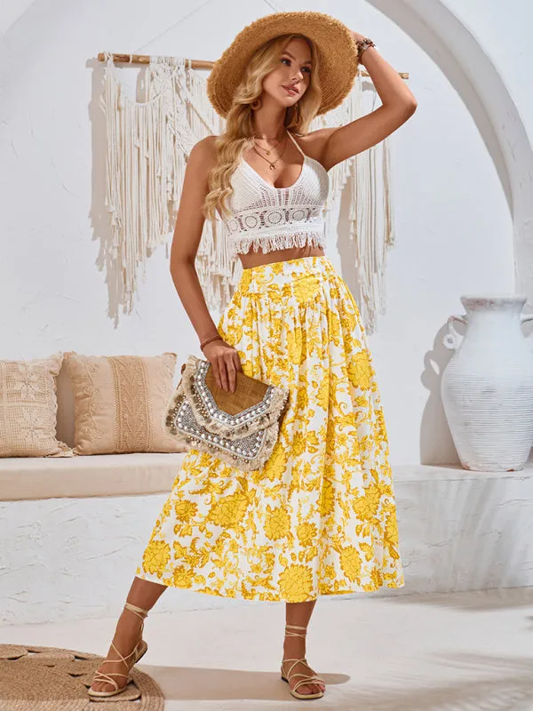 Trendy Boho Floral High Waist A-Line Midi Skirt for Summer