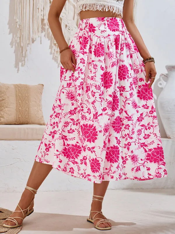 Trendy Boho Floral High Waist A-Line Midi Skirt for Summer