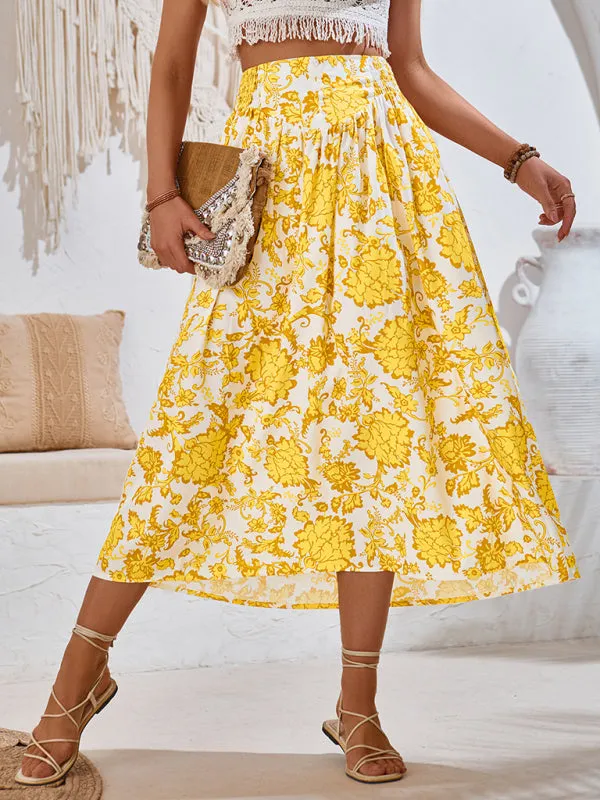 Trendy Boho Floral High Waist A-Line Midi Skirt for Summer