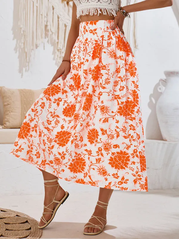 Trendy Boho Floral High Waist A-Line Midi Skirt for Summer