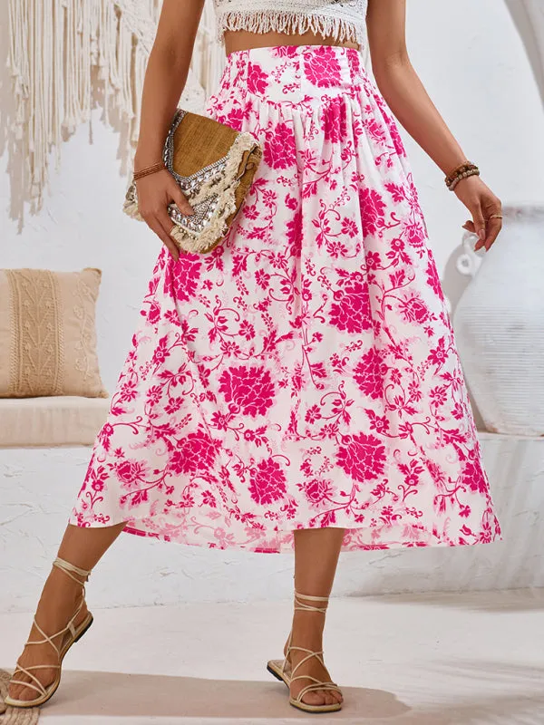 Trendy Boho Floral High Waist A-Line Midi Skirt for Summer