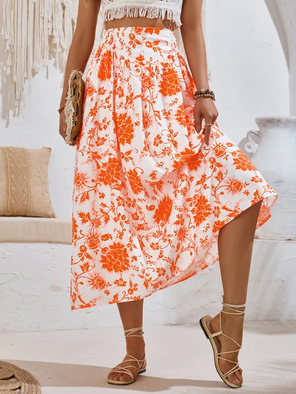 Trendy Boho Floral High Waist A-Line Midi Skirt for Summer