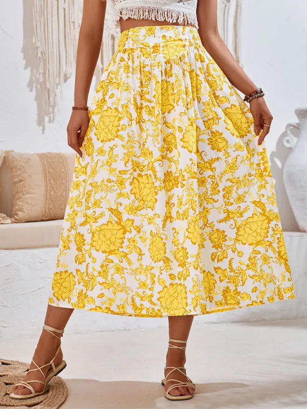 Trendy Boho Floral High Waist A-Line Midi Skirt for Summer