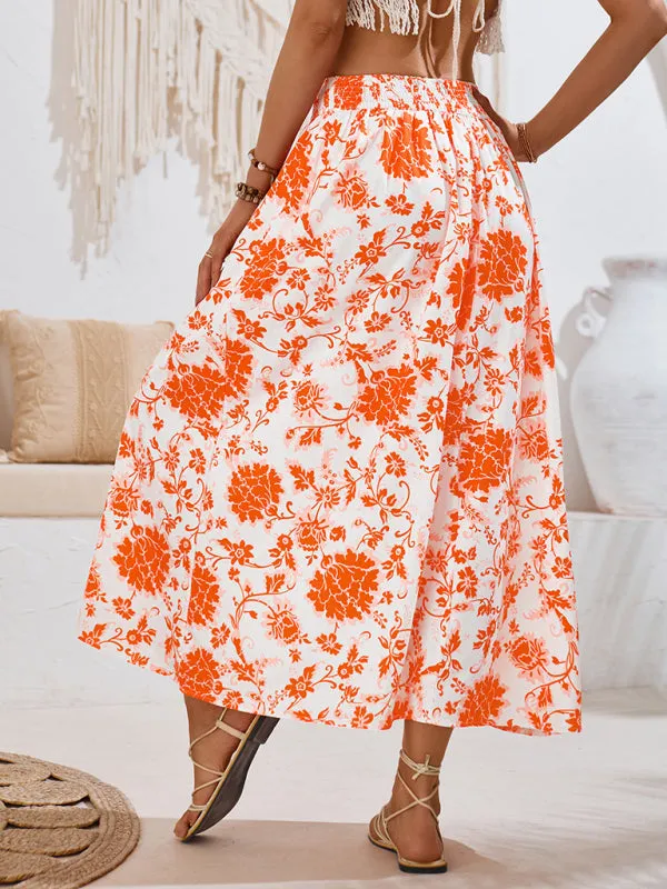 Trendy Boho Floral High Waist A-Line Midi Skirt for Summer