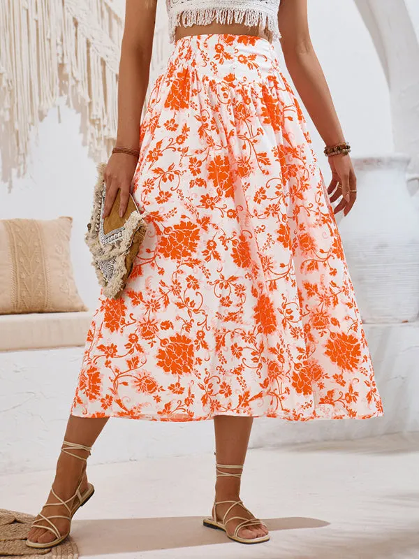 Trendy Boho Floral High Waist A-Line Midi Skirt for Summer