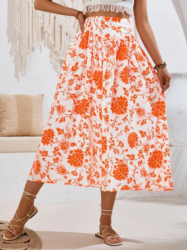 Trendy Boho Floral High Waist A-Line Midi Skirt for Summer