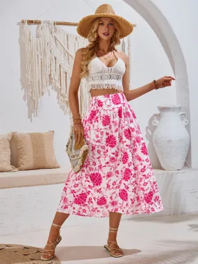 Trendy Boho Floral High Waist A-Line Midi Skirt for Summer