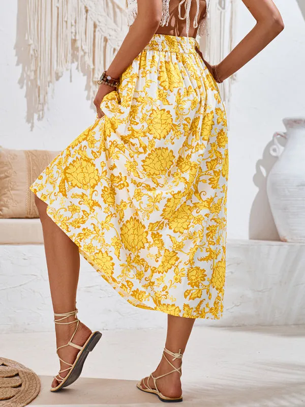 Trendy Boho Floral High Waist A-Line Midi Skirt for Summer