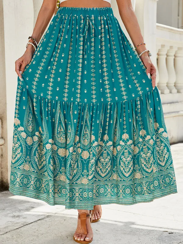 Trendy Teal Boho Midi Skirt with Gold Floral Details