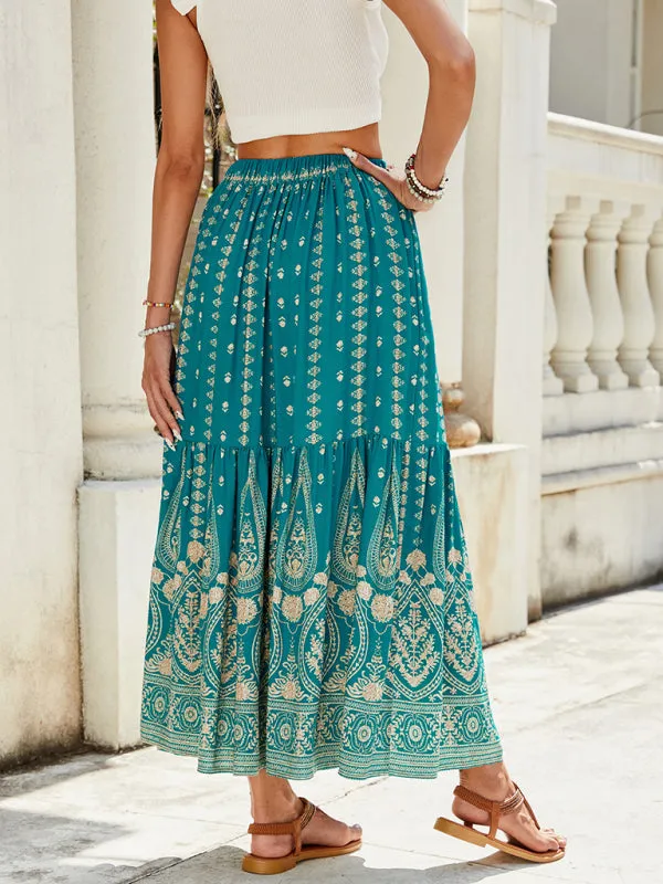 Trendy Teal Boho Midi Skirt with Gold Floral Details