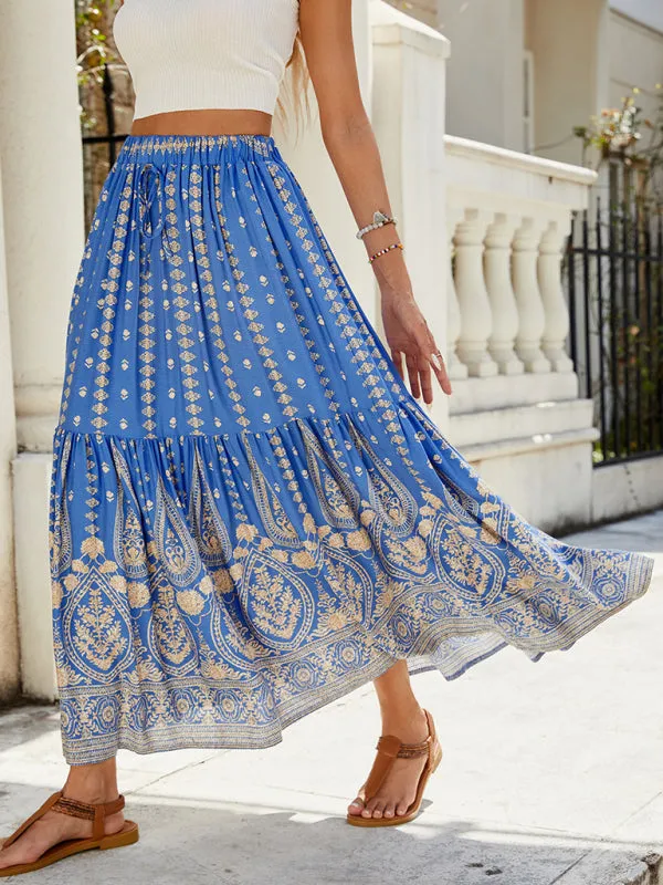 Trendy Teal Boho Midi Skirt with Gold Floral Details