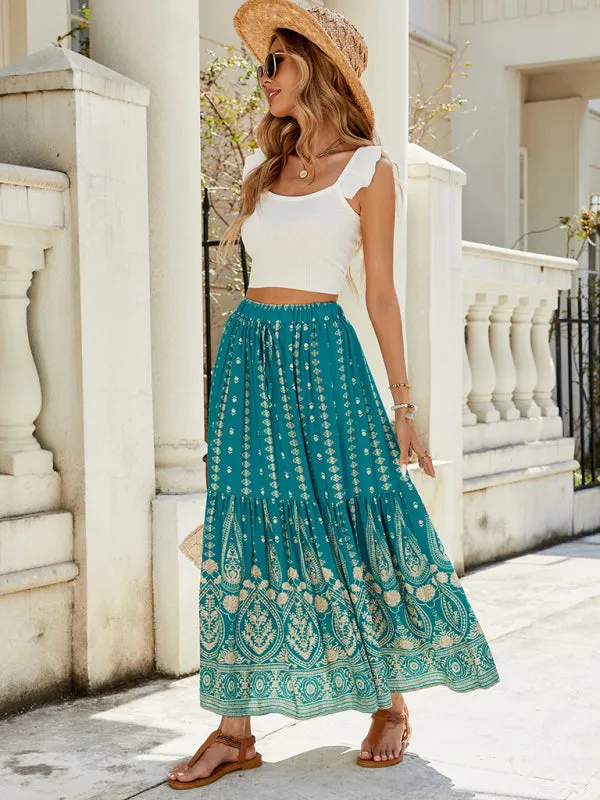 Trendy Teal Boho Midi Skirt with Gold Floral Details