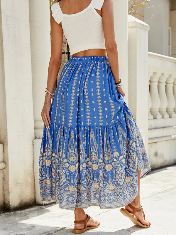 Trendy Teal Boho Midi Skirt with Gold Floral Details