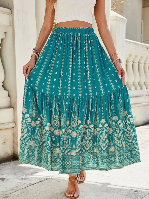 Trendy Teal Boho Midi Skirt with Gold Floral Details