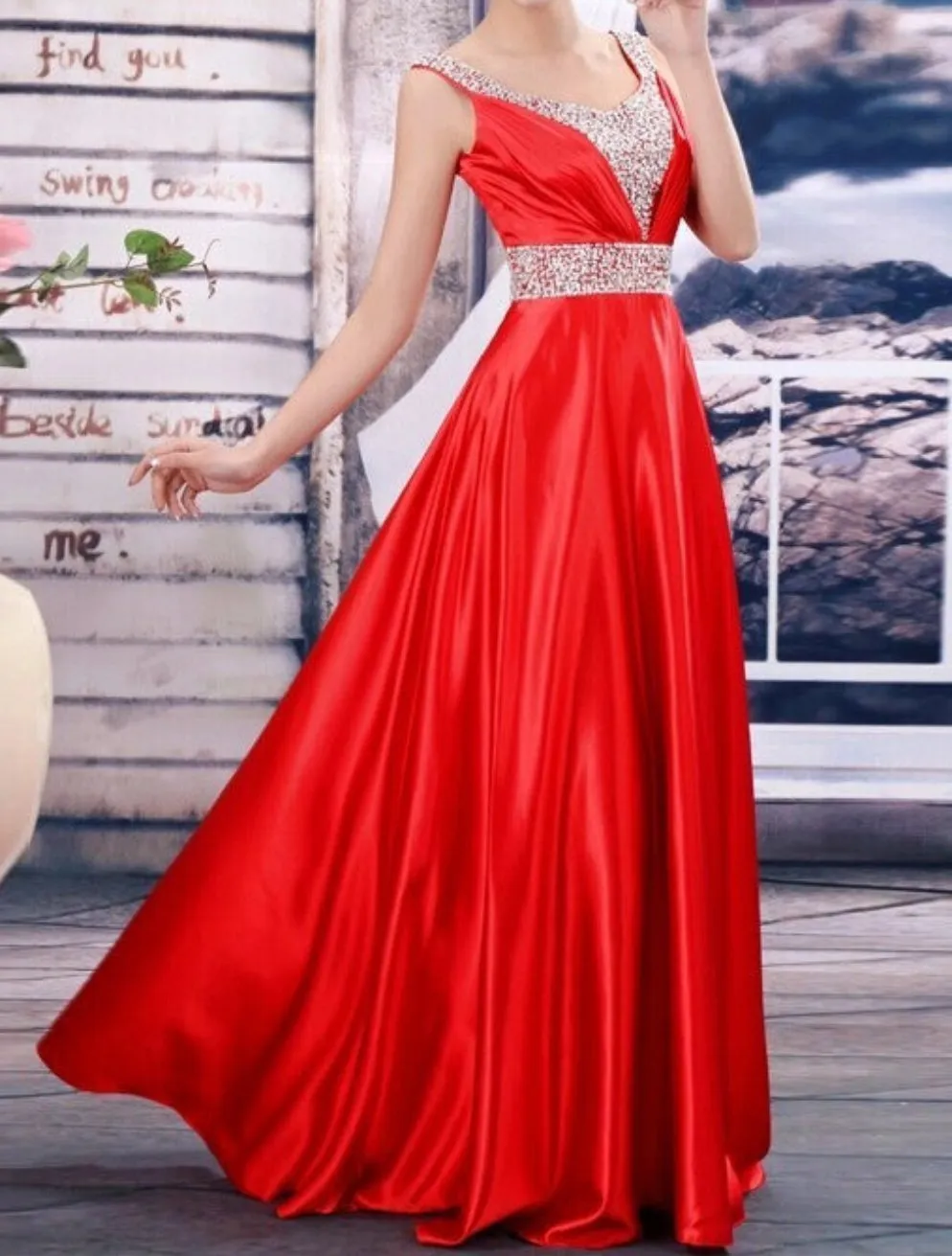 V-Neck Fashion Formal Party Plus size long Evening Dress