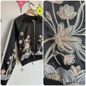 Vintage Y2K | Black Satin Embroidered Fairy Grunge Bomber Jacket | Size Small