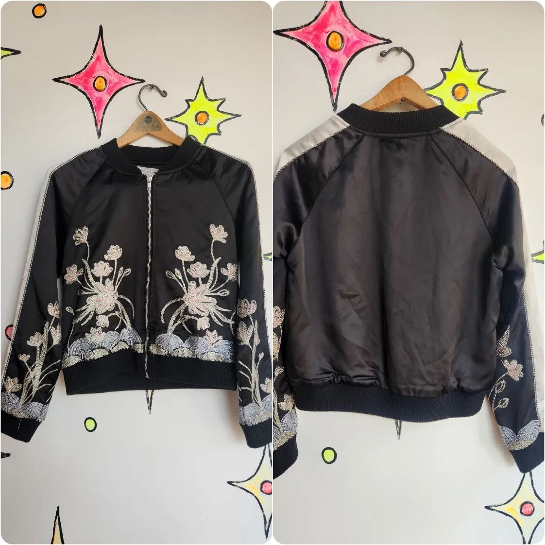 Vintage Y2K | Black Satin Embroidered Fairy Grunge Bomber Jacket | Size Small