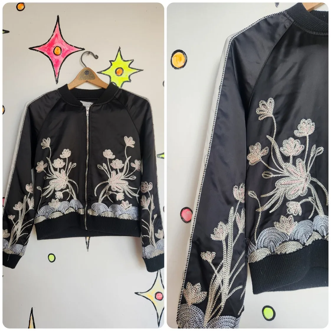 Vintage Y2K | Black Satin Embroidered Fairy Grunge Bomber Jacket | Size Small