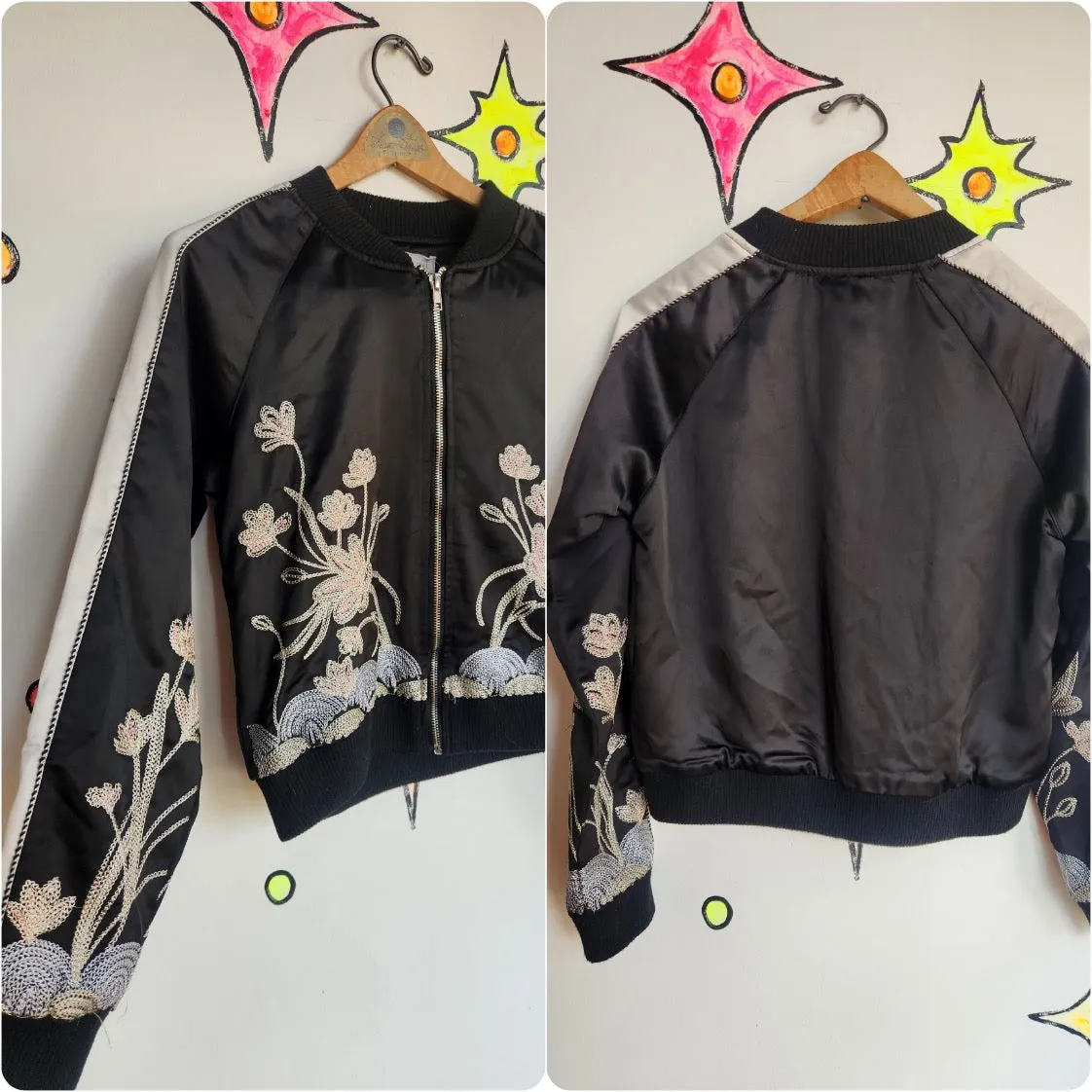 Vintage Y2K | Black Satin Embroidered Fairy Grunge Bomber Jacket | Size Small