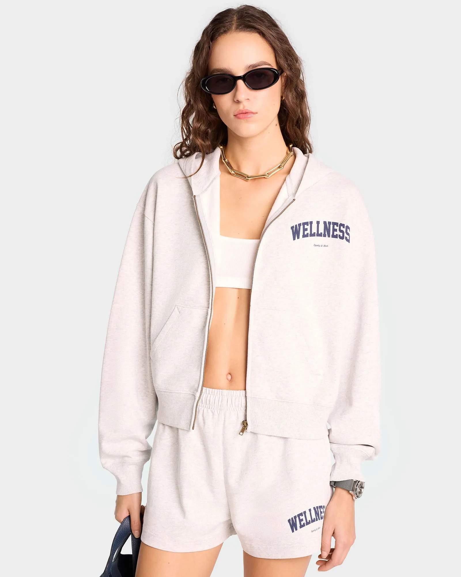 Wellness Ivy Cropped Zip Hoodie - Heather Gray/Navy