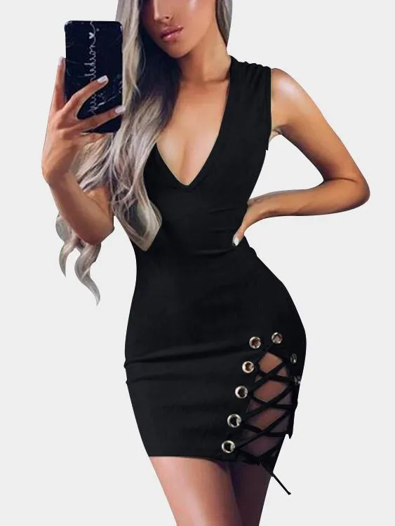 Wholesale Black Deep V Neck Sleeveless Zip Back Lace-Up Bodycon Hem Mini Dress