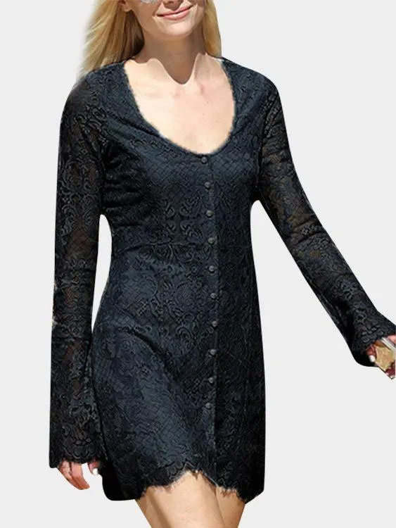 Wholesale Black Scoop Neck Long Sleeve Plain Lace High Waist Mini Dress