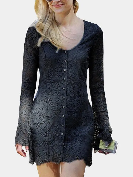 Wholesale Black Scoop Neck Long Sleeve Plain Lace High Waist Mini Dress