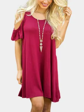 Wholesale Burgundy Cold Shoulder Short Sleeve Mini Dresses