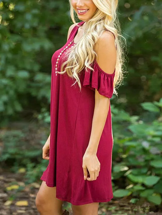 Wholesale Burgundy Cold Shoulder Short Sleeve Mini Dresses