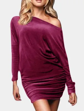 Wholesale Burgundy One Shoulder Long Sleeve Mini Dress