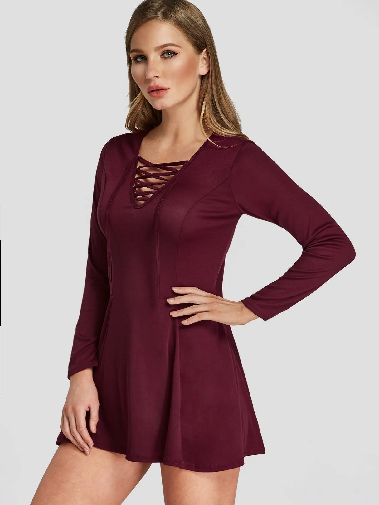 Wholesale Burgundy V-Neck 3/4 Sleeve Length Criss-Cross Mini Dress