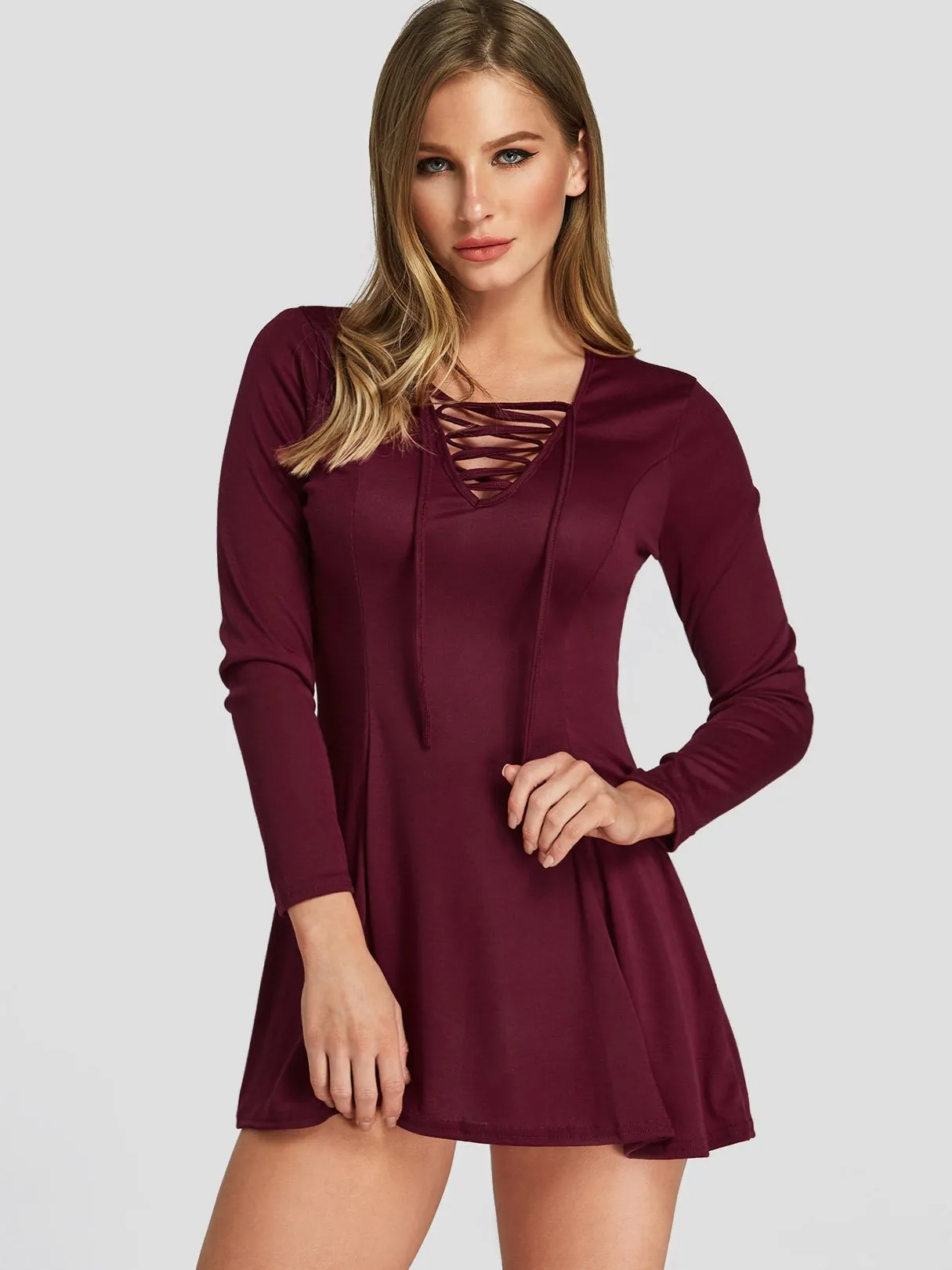 Wholesale Burgundy V-Neck 3/4 Sleeve Length Criss-Cross Mini Dress