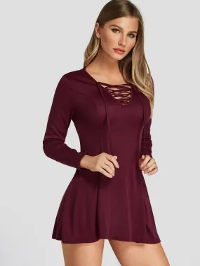 Wholesale Burgundy V-Neck 3/4 Sleeve Length Criss-Cross Mini Dress