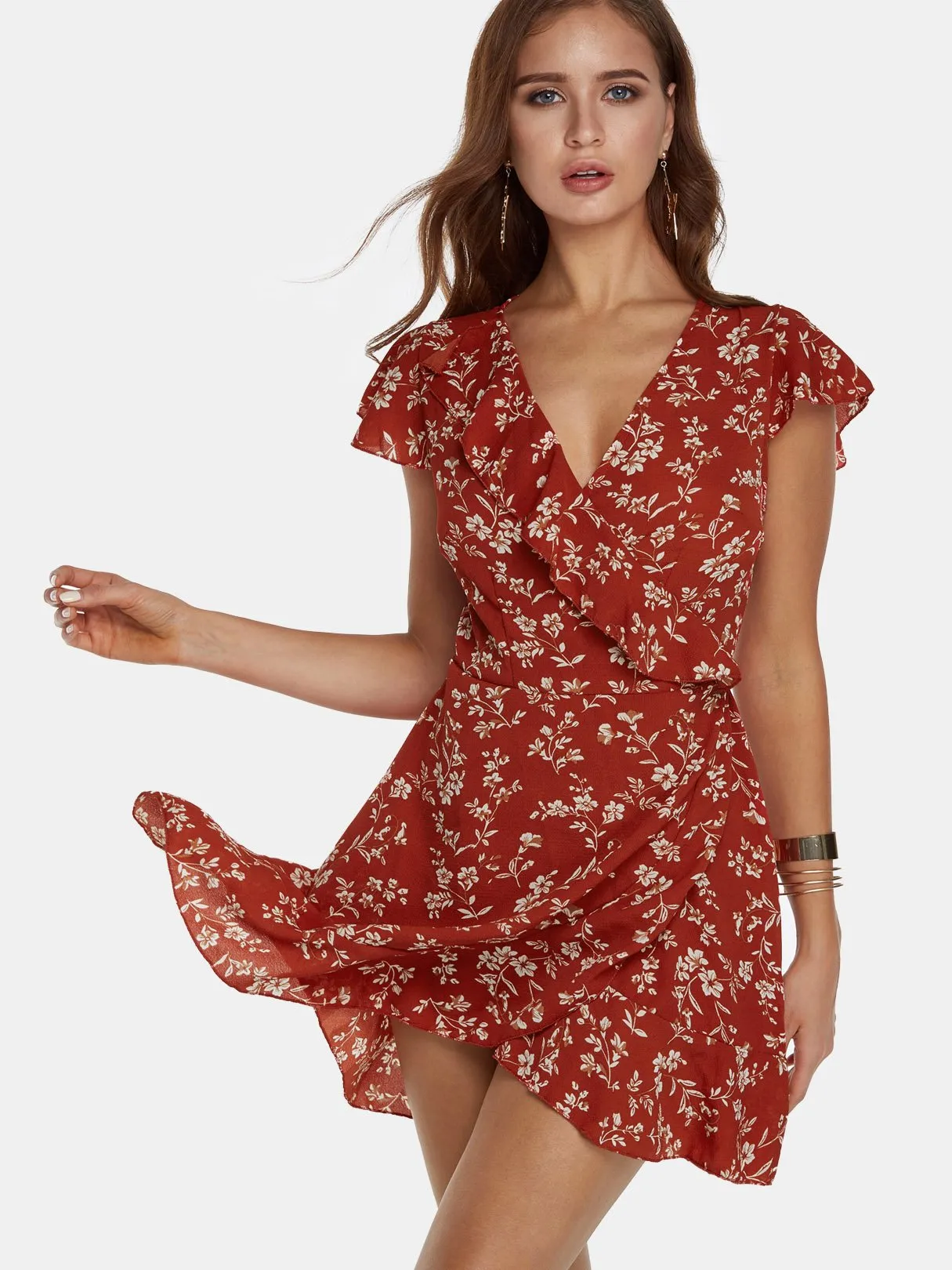 Wholesale Deep V Neck Short Sleeve Floral Print Crossed Front Lace-Up Irregular Hem Mini Dress