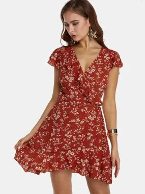 Wholesale Deep V Neck Short Sleeve Floral Print Crossed Front Lace-Up Irregular Hem Mini Dress