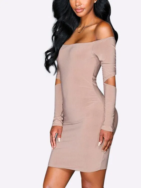 Wholesale Khaki Off The Shoulder Long Sleeve Cut Out Mini Dress