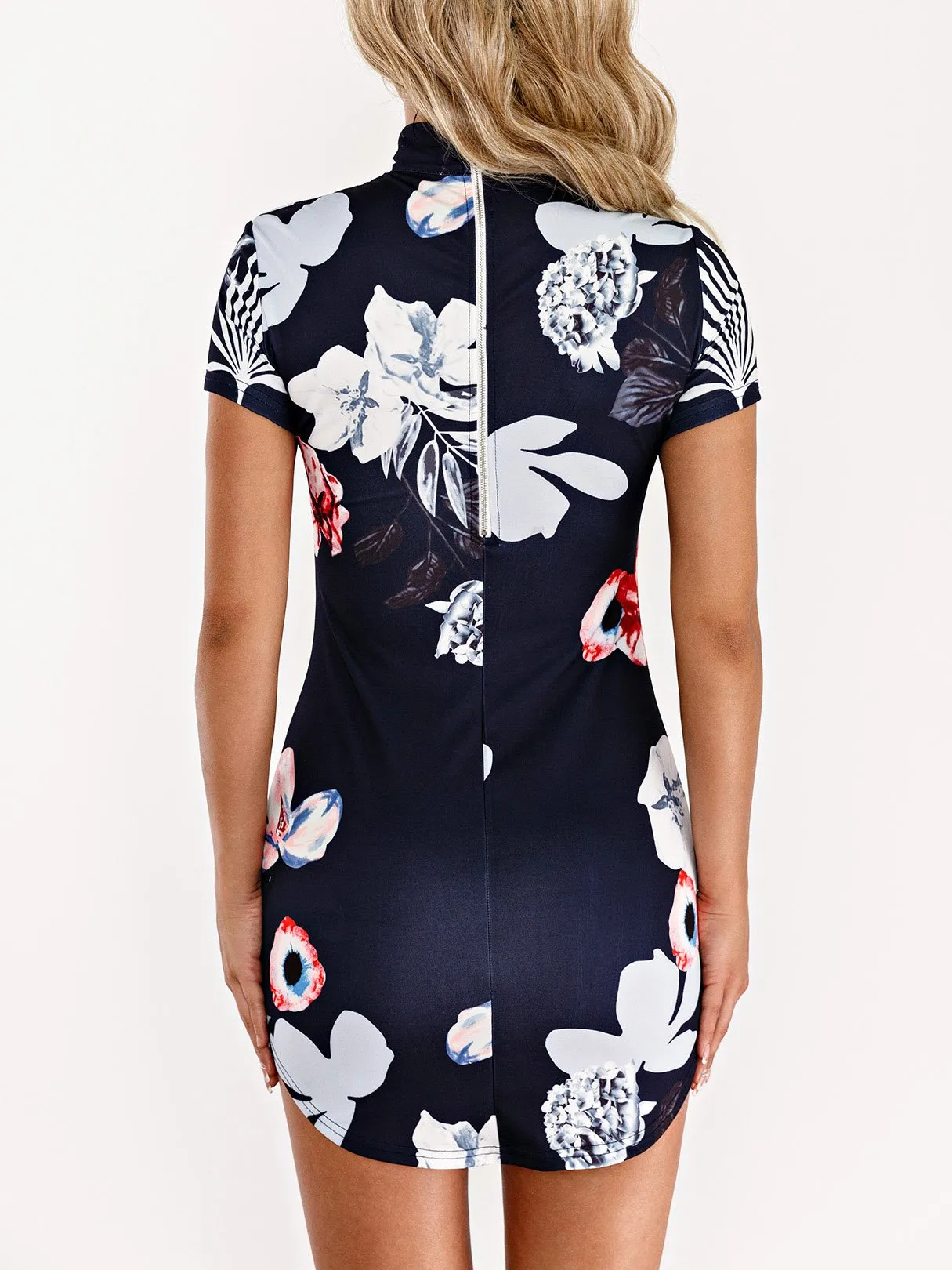 Wholesale Navy Perkins Collar Short Sleeve Floral Print Zip Back Curved Hem Mini Dresses