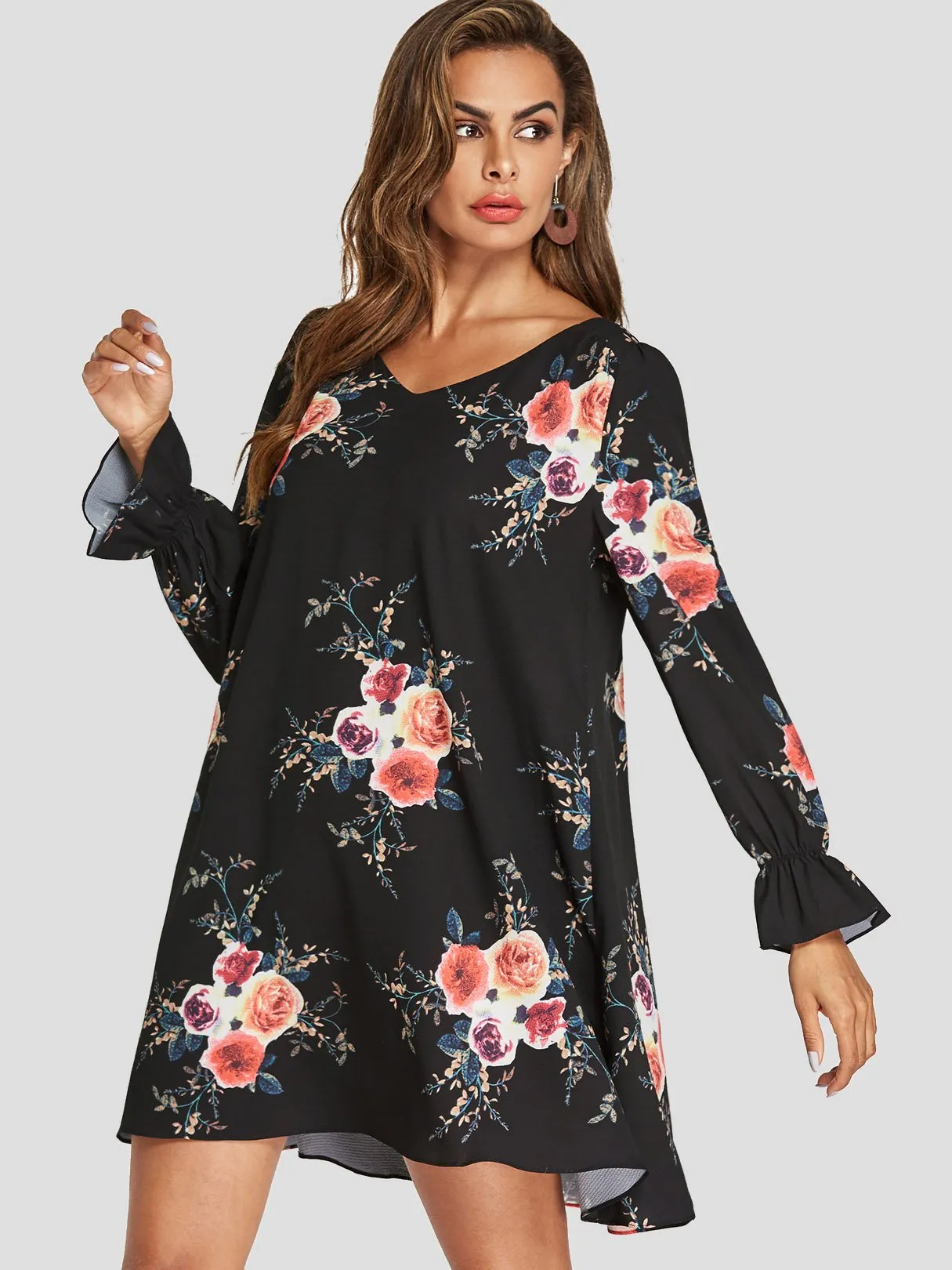 Wholesale Navy V-Neck Long Sleeve Floral Print Cut Out Mini Dress