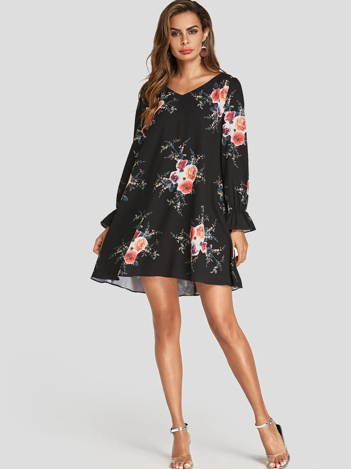 Wholesale Navy V-Neck Long Sleeve Floral Print Cut Out Mini Dress