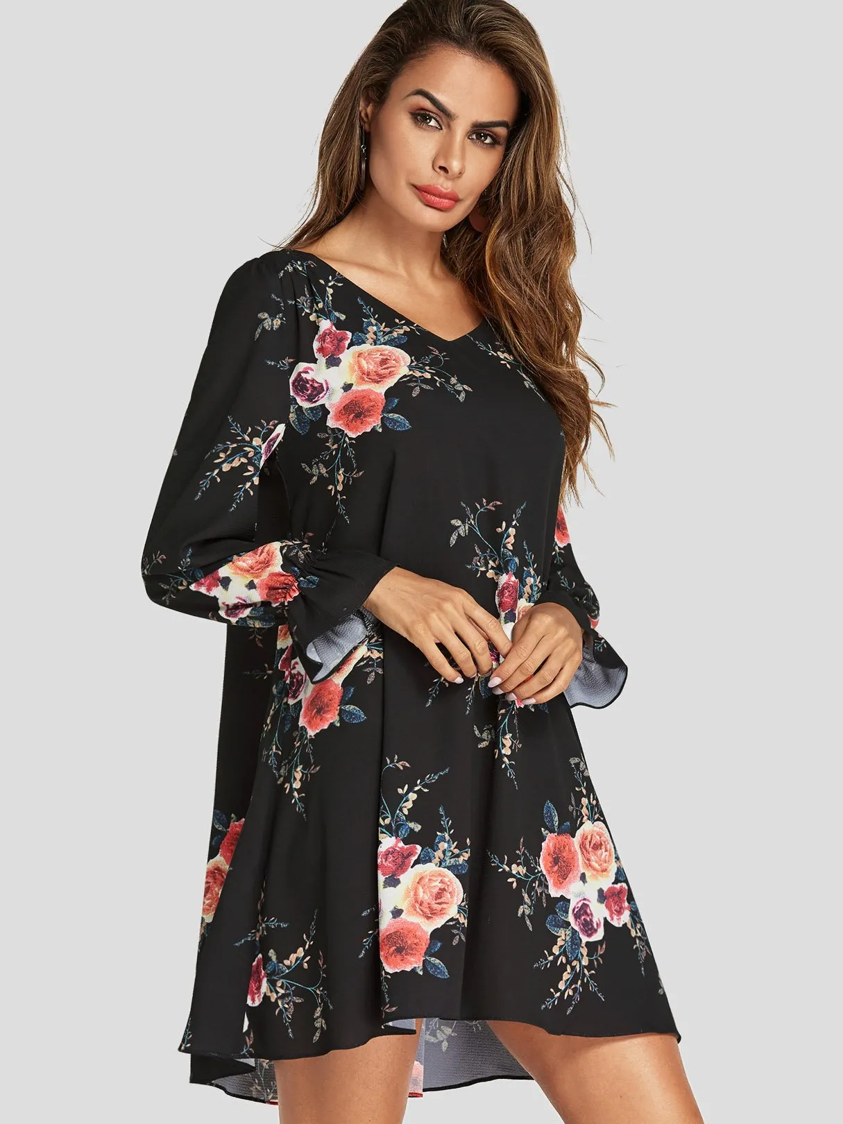 Wholesale Navy V-Neck Long Sleeve Floral Print Cut Out Mini Dress