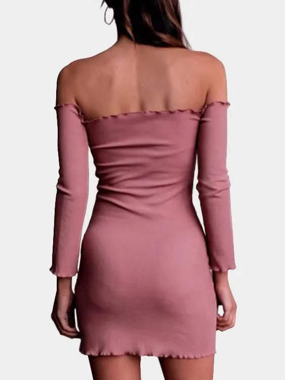 Wholesale Pink Off The Shoulder Long Sleeve Plain Flounced Hem Mini Dresses