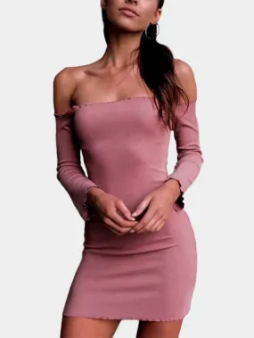 Wholesale Pink Off The Shoulder Long Sleeve Plain Flounced Hem Mini Dresses