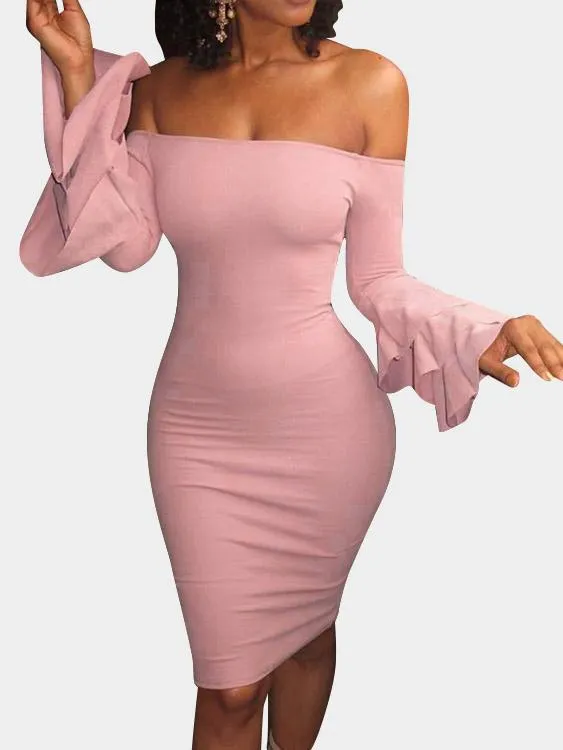 Wholesale Pink Off The Shoulder Long Sleeve Plain Mini Dress