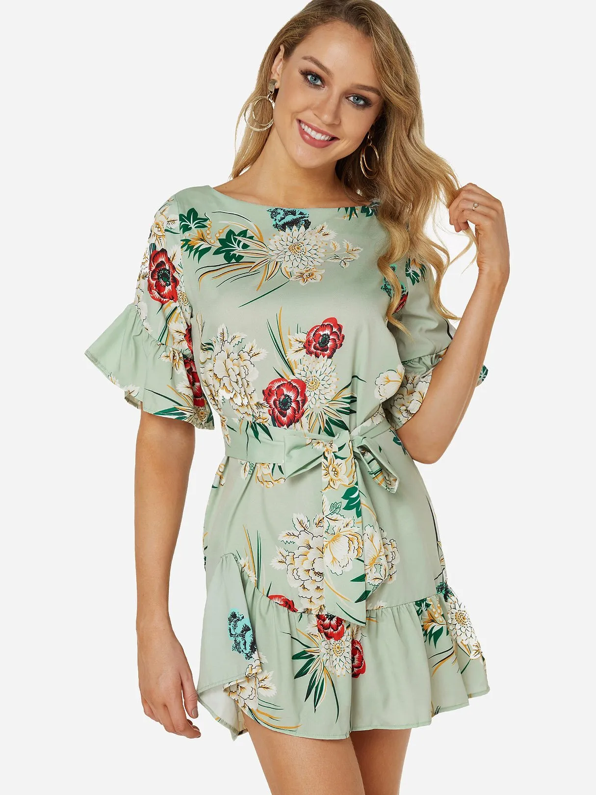 Wholesale Round Neck Floral Print Lace-Up Pleated Belt Self-Tie Flounced Hem Mini Dress